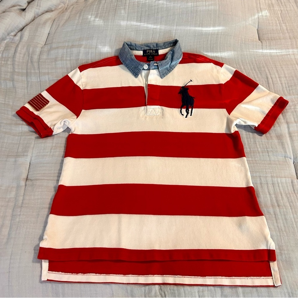 Ralph Lauren Boys Red and White Polo with Chambray Collar Sz L 14/16